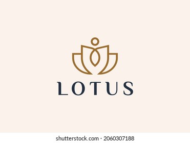 Luxury elegant lotus flower logo linear line art monogram style + letter M + person. Flower symbol. Beauty, spa, salon, cosmetics or boutique logo and more business.
