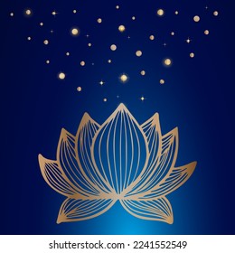 luxury elegant lotus flower with sparkling golden pollen on blue background