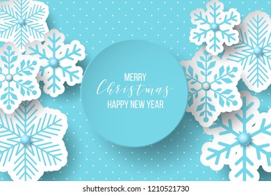 Luxury Elegant Merry Christmas and happy new year Poster Template with blue Snowflakes and balls on blue background. Vector illustration. Snowflake frame and sparkles. Christmas balls.