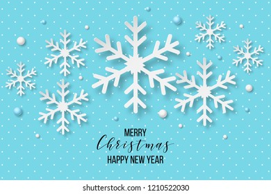 Luxury Elegant Merry Christmas and happy new year Poster Template with blue Snowflakes and balls on blue background. Vector illustration. Snowflake frame and sparkles. Christmas balls.