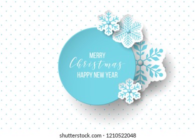 Luxury Elegant Merry Christmas and happy new year Poster Template with blue Snowflakes and balls on blue background. Vector illustration. Snowflake frame and sparkles. Christmas balls.