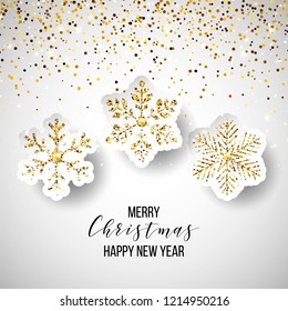 Luxury Elegant Merry Christmas and happy new year Poster Template with blue Snowflakes and balls on blue background. Vector illustration. Snowflake frame and sparkles. Christmas balls.