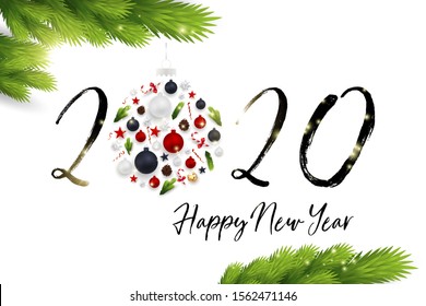 Luxury Elegant Merry Christmas and happy new year Poster Template with Shining balls on white background. Vector illustration. Snowflake frame and sparkles. Christmas balls. 2020 