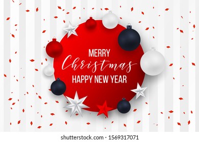 Luxury Elegant Merry Christmas and happy new year Poster Template with Shining balls on white background. Vector illustration. Snowflake frame and sparkles. Christmas balls. 2020 