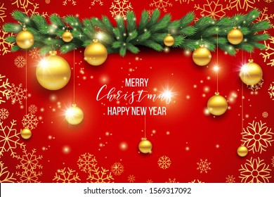 Luxury Elegant Merry Christmas and happy new year Poster Template with Shining balls on white background. Vector illustration. Snowflake frame and sparkles. Christmas balls. 2020 