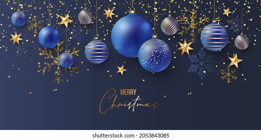 Luxury Elegant Merry Christmas and happy new year Poster Template with Shining Gold Snowflakes and balls on blue background. Vector illustration. Snowflake frame and sparkles. Gold christmas balls.