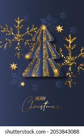 Luxury Elegant Merry Christmas and happy new year Poster Template with Shining Gold Snowflakes and balls on blue background. Vector illustration. Snowflake frame and sparkles. Gold christmas balls.