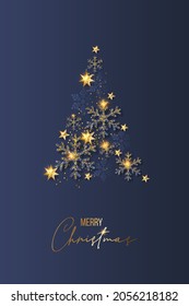 Luxury Elegant Merry Christmas And Happy New Year Poster Template With Shining Gold Snowflakes And Balls On Blue Background. Vector Illustration. Snowflake Frame And Sparkles. Gold Christmas Balls.