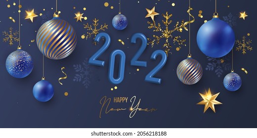 Luxury Elegant Merry Christmas and happy new year Poster Template with Shining Gold Snowflakes and balls on blue background. Vector illustration. Snowflake frame and sparkles. Gold christmas balls.