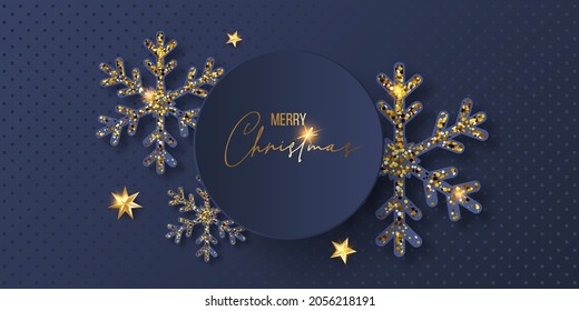 Luxury Elegant Merry Christmas and happy new year Poster Template with Shining Gold Snowflakes and balls on blue background. Vector illustration. Snowflake frame and sparkles. Gold christmas balls.