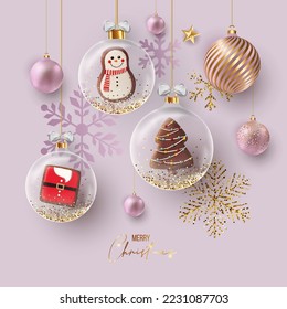 Luxury Elegant Merry Christmas and happy new year Poster Template with Shining Gold Snowflakes and balls on pink background. Vector illustration. Snowflake frame and sparkles. Gold christmas balls.