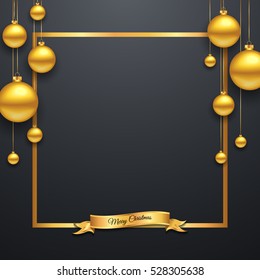 Luxury Elegant Merry Christmas and happy new year Poster Template with Shining Gold Snowflakes and balls on black background. Vector illustration. Snowflake frame and sparkles. Gold christmas balls.