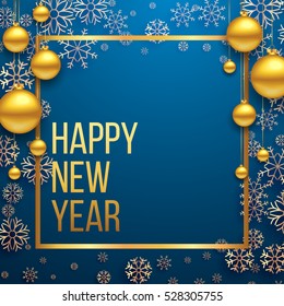Luxury Elegant Merry Christmas and happy new year Poster Template with Shining Gold Snowflakes and balls on blue background. Vector illustration. Snowflake frame and sparkles. Gold christmas balls.