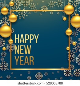 Luxury Elegant Merry Christmas and happy new year Poster Template with Shining Gold Snowflakes and balls on blue background. Vector illustration. Snowflake frame and sparkles. Gold christmas balls.