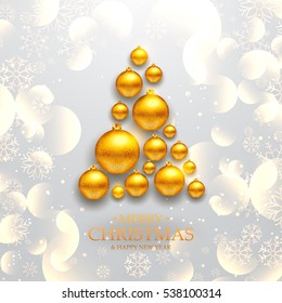 Luxury Elegant Merry Christmas and happy new year Poster Template with Shining Gold Snowflakes and balls on gray background. Vector illustration. Design layout template. Gold christmas balls.