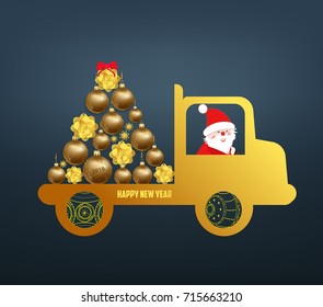 Luxury Elegant Merry Christmas and happy new year poster. Santa Claus carrying a gift on the car and gold christmas balls