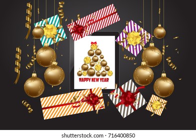 Luxury elegant Merry Christmas and happy new year poster. Confetti and christmas gold balls