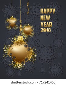 Luxury Elegant Merry Christmas and happy new year 2018 poster. Gold christmas balls