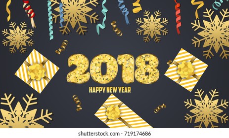 Luxury Elegant Merry Christmas and happy new year 2018 poster. Frame and gold christmas balls