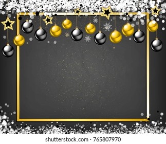 Luxury Elegant Merry Christmas and happy new year Poster Template with Shining Gold Snowflakes and balls on black background. Vector illustration. Snowflake frame and sparkles. Gold christmas balls.