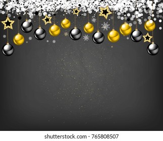 Luxury Elegant Merry Christmas and happy new year Poster Template with Shining Gold Snowflakes and balls on black background. 