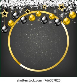 Luxury Elegant Merry Christmas and happy new year Poster Template with Shining Gold Snowflakes and balls on black background. Vector illustration. Snowflake frame and sparkles. 