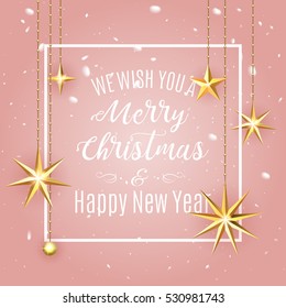 Luxury elegant Merry Christmas holiday background greeting card. Golden decoration ornament with Christmas stars on soft pink background with snow pattern. Calligraphy lettering Christmas. Vector 