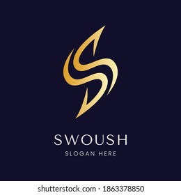 luxury, elegant, modern letter S logo with swoosh element in black and gold color