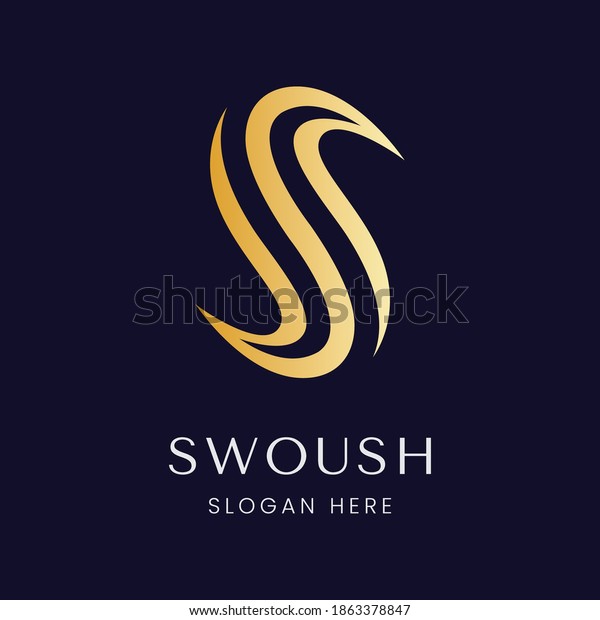 luxury, elegant, modern letter S logo with swoosh\
element in black and gold\
color