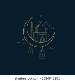 luxury elegant Mosque Illustration with Celestial Elements for Religious Designs. constellations, moon, clouds, and stars. Gold decorative ornament