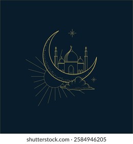 luxury elegant Mosque Illustration with Celestial Elements for Religious Designs. constellations, moon, clouds, and stars. Gold decorative ornament