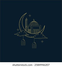 luxury elegant Mosque Illustration with Celestial Elements for Religious Designs. constellations, moon, clouds, and stars. Gold decorative ornament