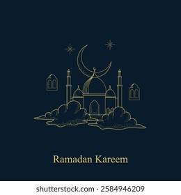 luxury elegant Mosque Illustration with Celestial Elements for Religious Designs. constellations, moon, clouds, and stars. Gold decorative ornament