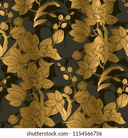 Luxury elegant orchid floral seamless pattern in gold and black. Topical flower repeatable motif for fabric, background, surface design. Stock vector illustration. 
