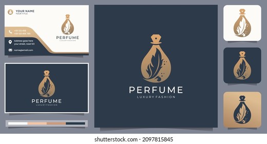 luxury elegant perfume logo template, abstract perfume bottle with leaves, golden color design.