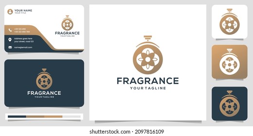 luxury elegant perfume logo template, abstract perfume bottle with leaves, golden color design.