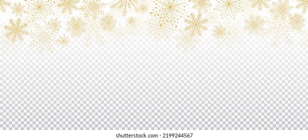 Luxuriöses elegantes Plakatdesign mit leuchtenden goldenen Schneeflocken auf transparentem weißem Hintergrund. Vektorgrafik für Weihnachten und Neujahr Banner, Poster, Verkauf, Flyer, Web, Social Media.