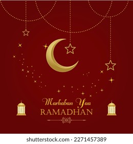 
Luxury and elegant Ramadan creative card poster background. Crescent moon, hanging lanterns on square maroon background, feeling about luxury concept. Template Islamic greetings. vector illustration.