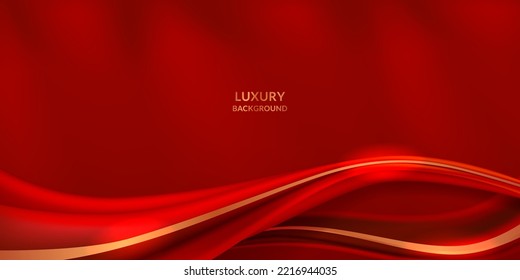 luxury elegant red background with fabric cloth textile ribbon with golden line decoration for welcome invitation grand opening