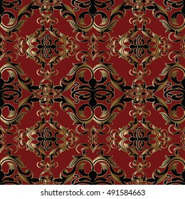 Luxury elegant red baroque damask vintage vector seamless pattern background illustration.with 3d  antique floral medieval baroque black and gold 3d flowers and ornaments.