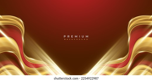 Lujoso y elegante fondo rojo y dorado con luz dorada y estilo de corte de papel. Se puede usar para premios, pancartas, tarjetas, nominaciones, ceremonias, invitaciones formales o diseño de certificados