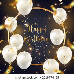 Luxury elegant silver white balloon round golden frame and party popper ribbon Happy Birthday celebration card banner template