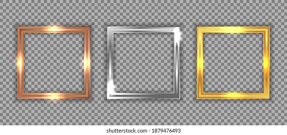 Lujoso y elegante marco cuadrado con sombras aisladas en un fondo transparente. Borde cuadrado vectorial realista con dorado, plata, bronce brillante uso para promoción de banners, fotograma