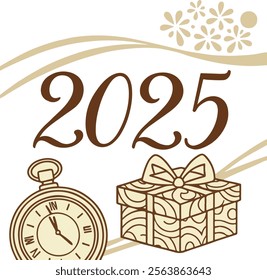 Luxury and elegant text 2025 combine golden gift box's, gold clock vector art illustration