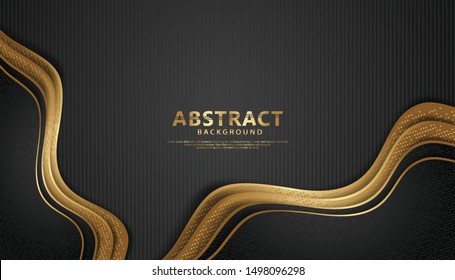 Luxury and elegant wave abstract overlap layer on black pattern background. Texture with gold, and red glitters dots element decoration.