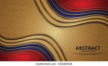 Luxury and elegant wave abstract overlap layer on gold pattern background. Texture with blue and red glitters dots element decoration.