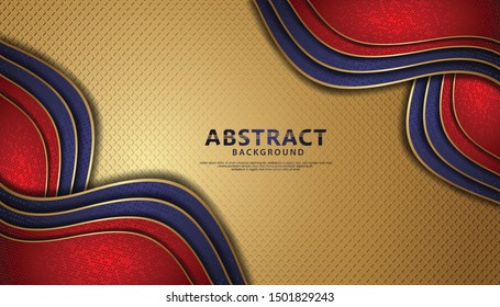 Luxury and elegant wave abstract overlap layer on gold pattern background. Texture with blue and red glitters dots element decoration.