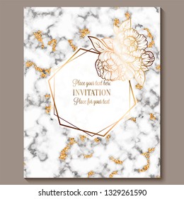 Luxury and elegant wedding invitation cards with marble texture and gold glitter background. Modern wedding invitation decorated with peony flowers.