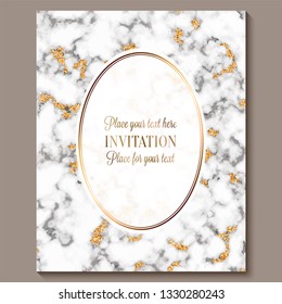 Luxury and elegant wedding invitation cards with marble texture and gold glitter background. Modern wedding invitation.