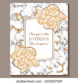 Luxury and elegant wedding invitation cards with marble texture and gold glitter background. Modern wedding invitation decorated with peony flowers.